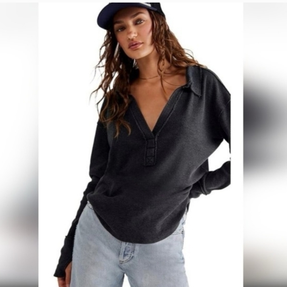 We The Free Women Anakin Thermal Long Sleeve Gray Oversize Waffle Knit Top Sz XL
